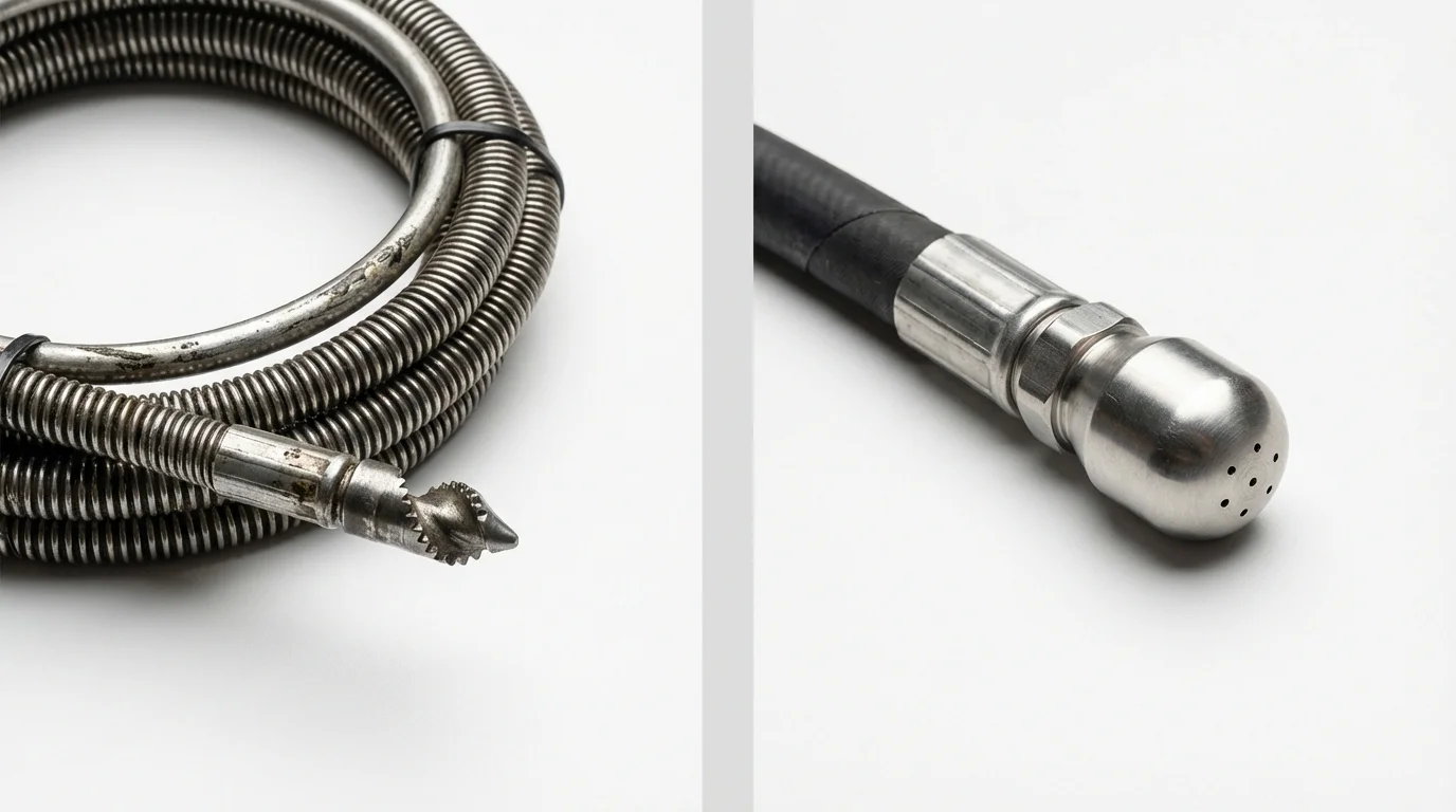 Drain snake cable and hydro jetting nozzle used for drain cleaning in Highland, MD