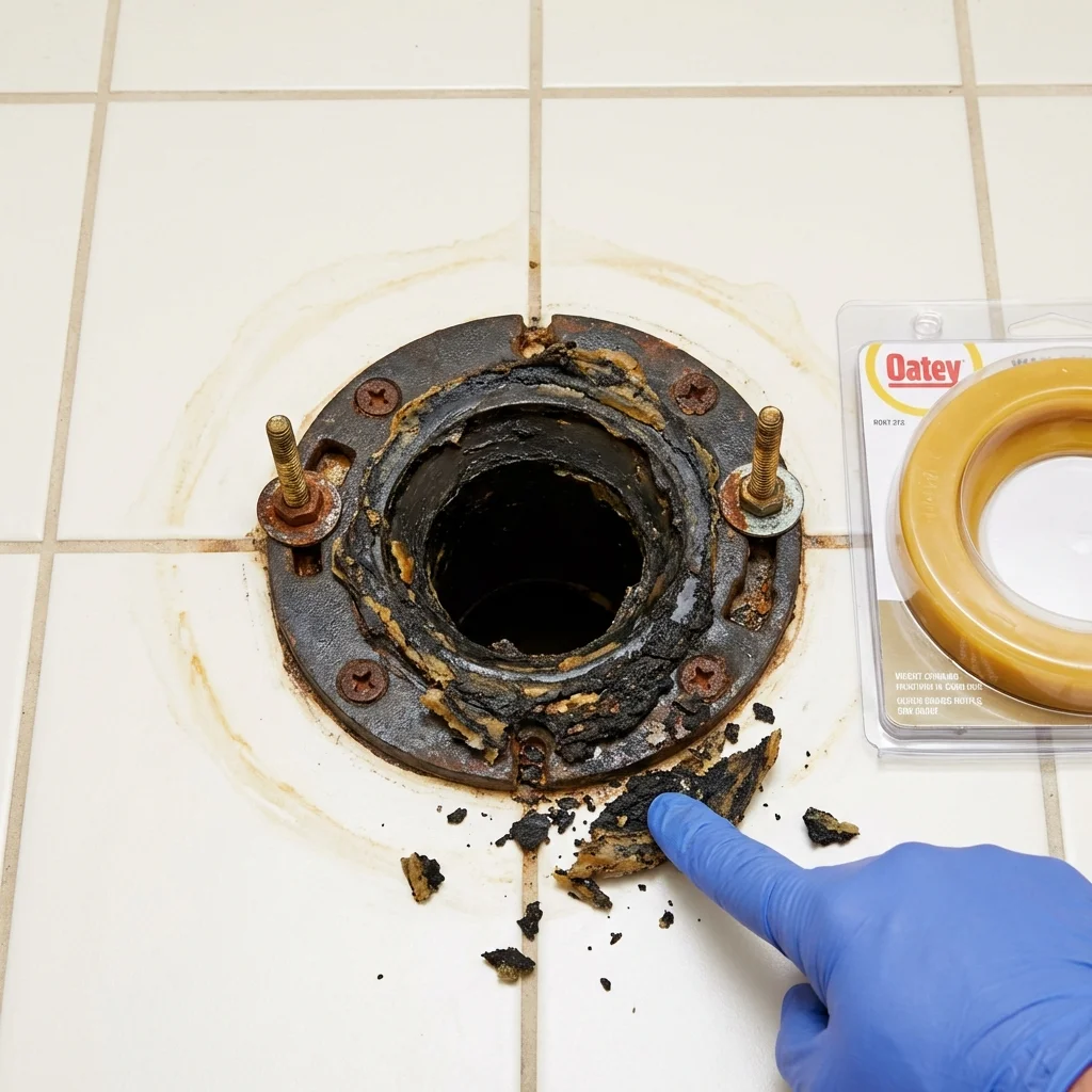 Failed wax ring showing water seepage at the base of a toilet in a Highland, MD home