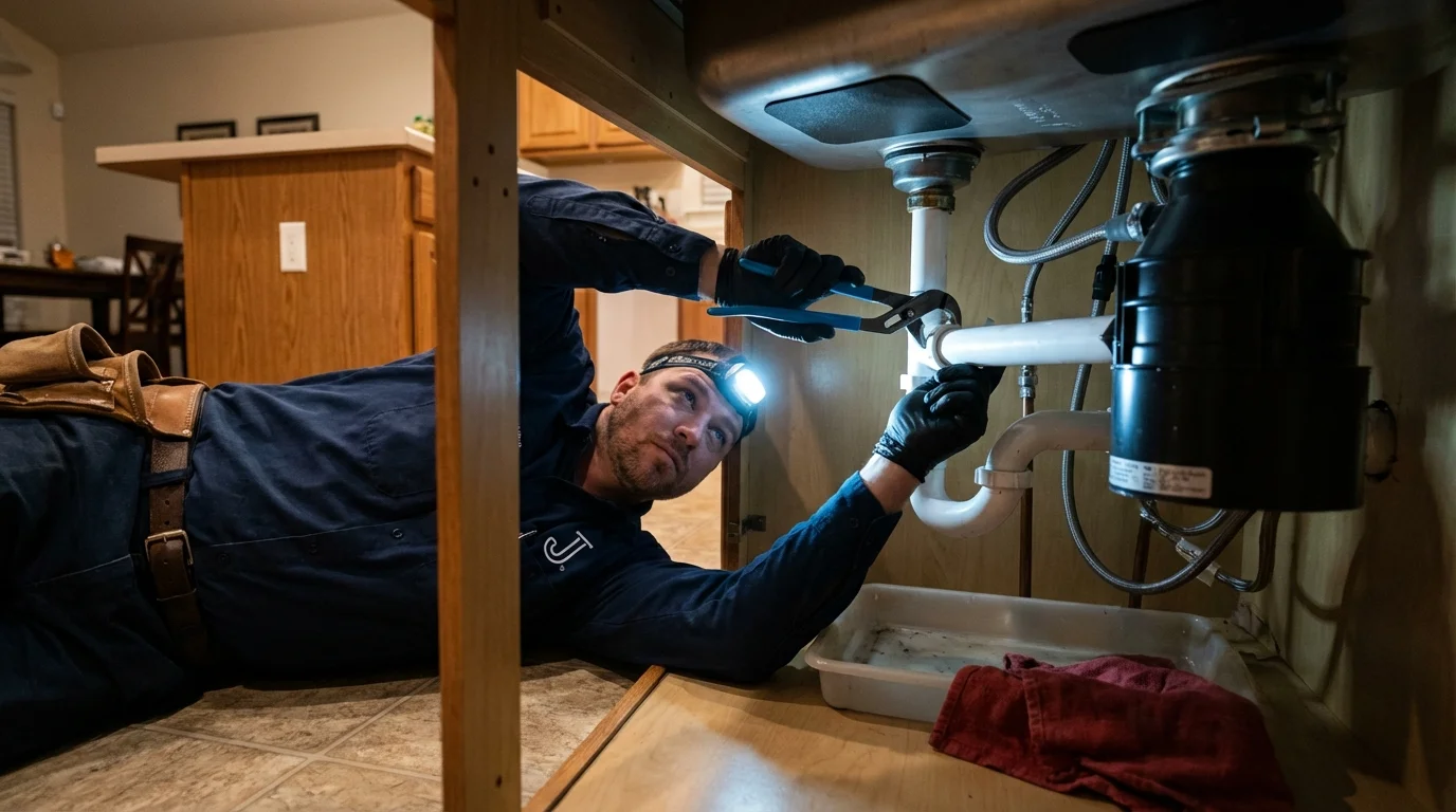 P-trap and supply line connections under a kitchen sink showing a common leak point in Highland, MD